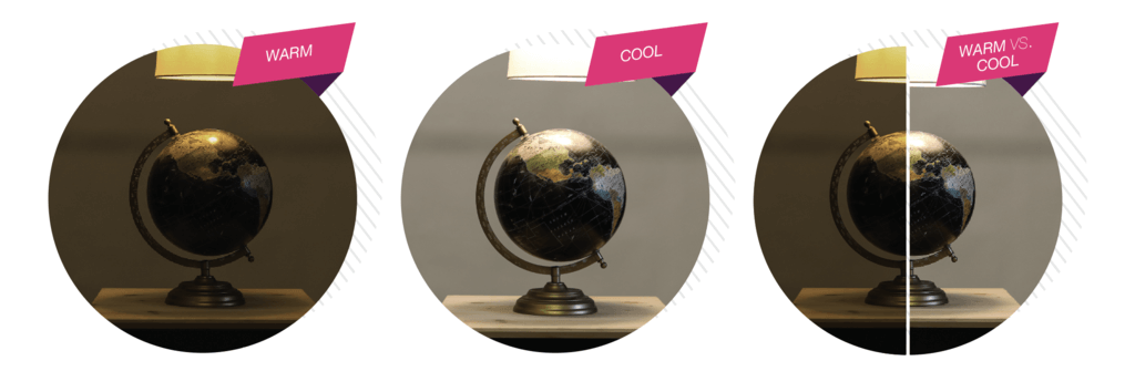 Three images of a globe in different temperature lighting, from warm, to cool, plus warm/cool comparison.