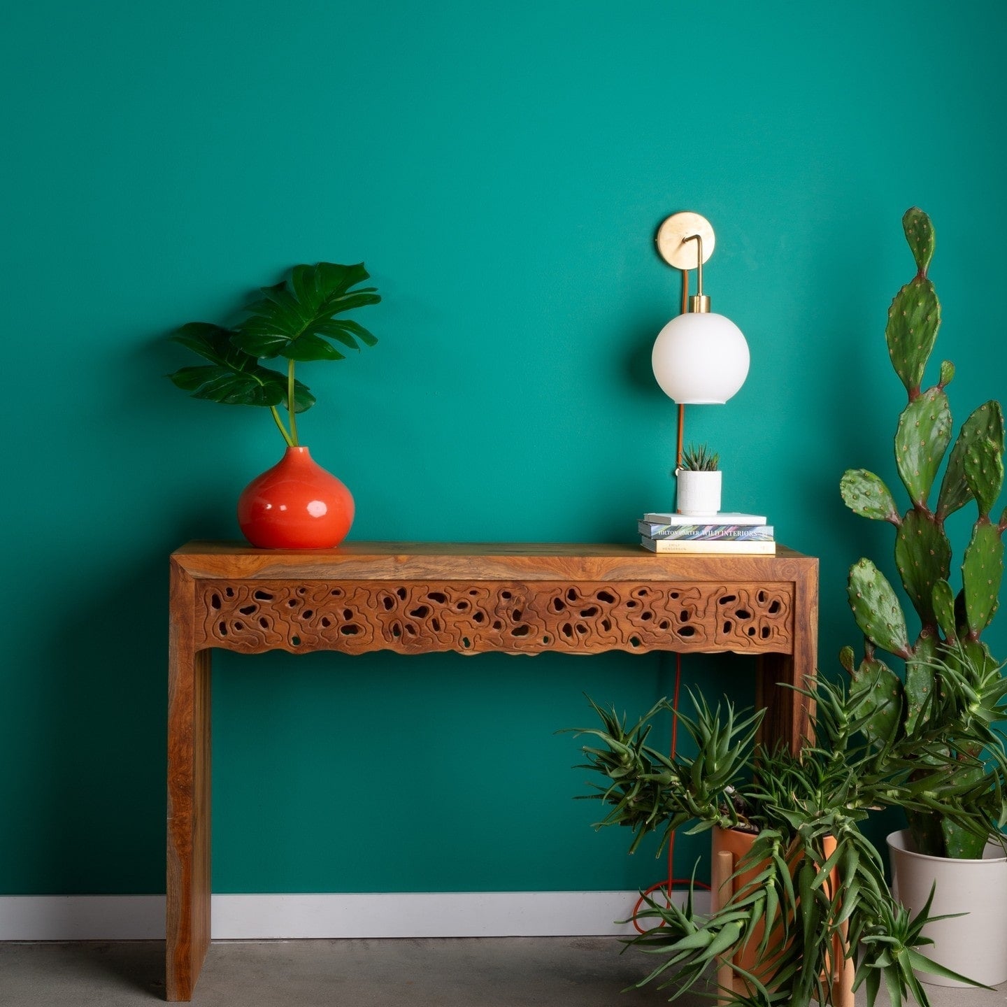 Color Cord globe wall sconce with red cord on a blue-green wall and wood sidetable surrounded by plants