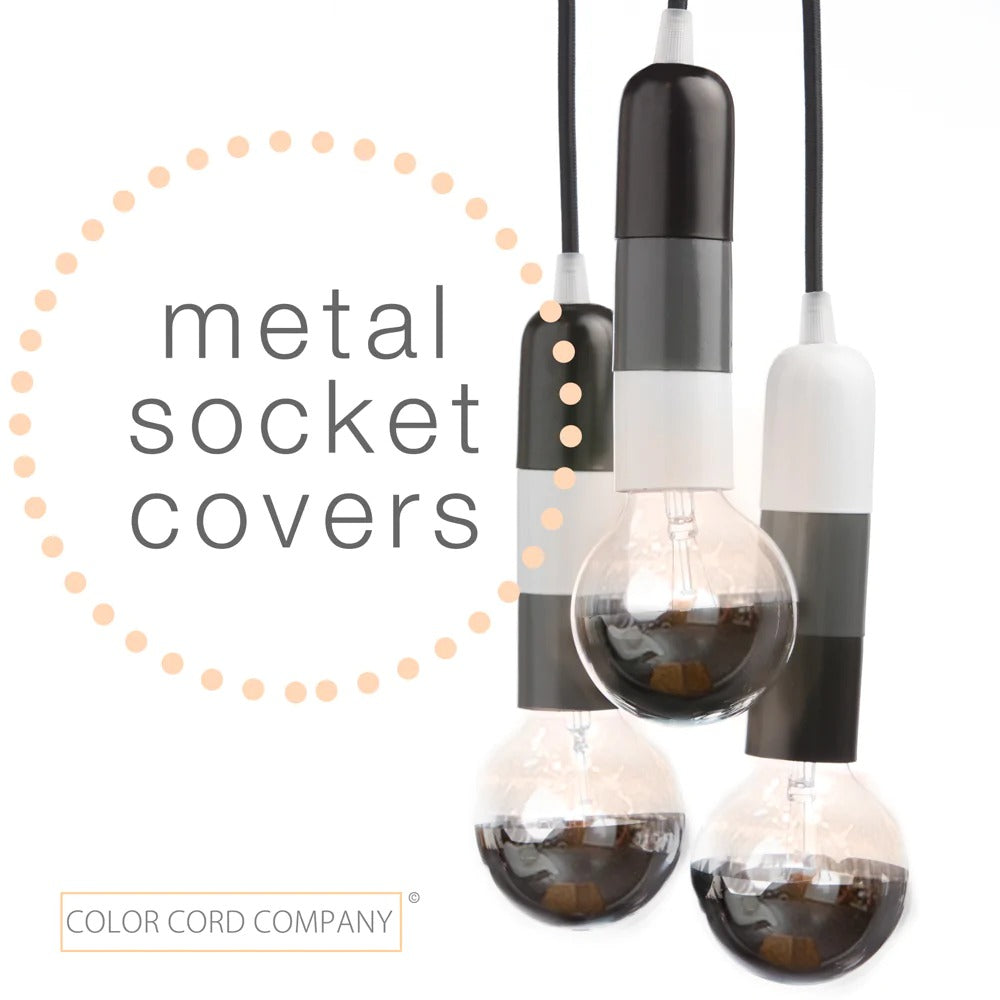 metal socket covers in black, grey, and white on pendant light fixture