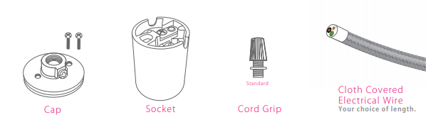  Parts of a Porcelain Socket illustration Cap, Shell, Standard or Barrel Cord Grip 
 And Cloth Covered Electrical Wire 
