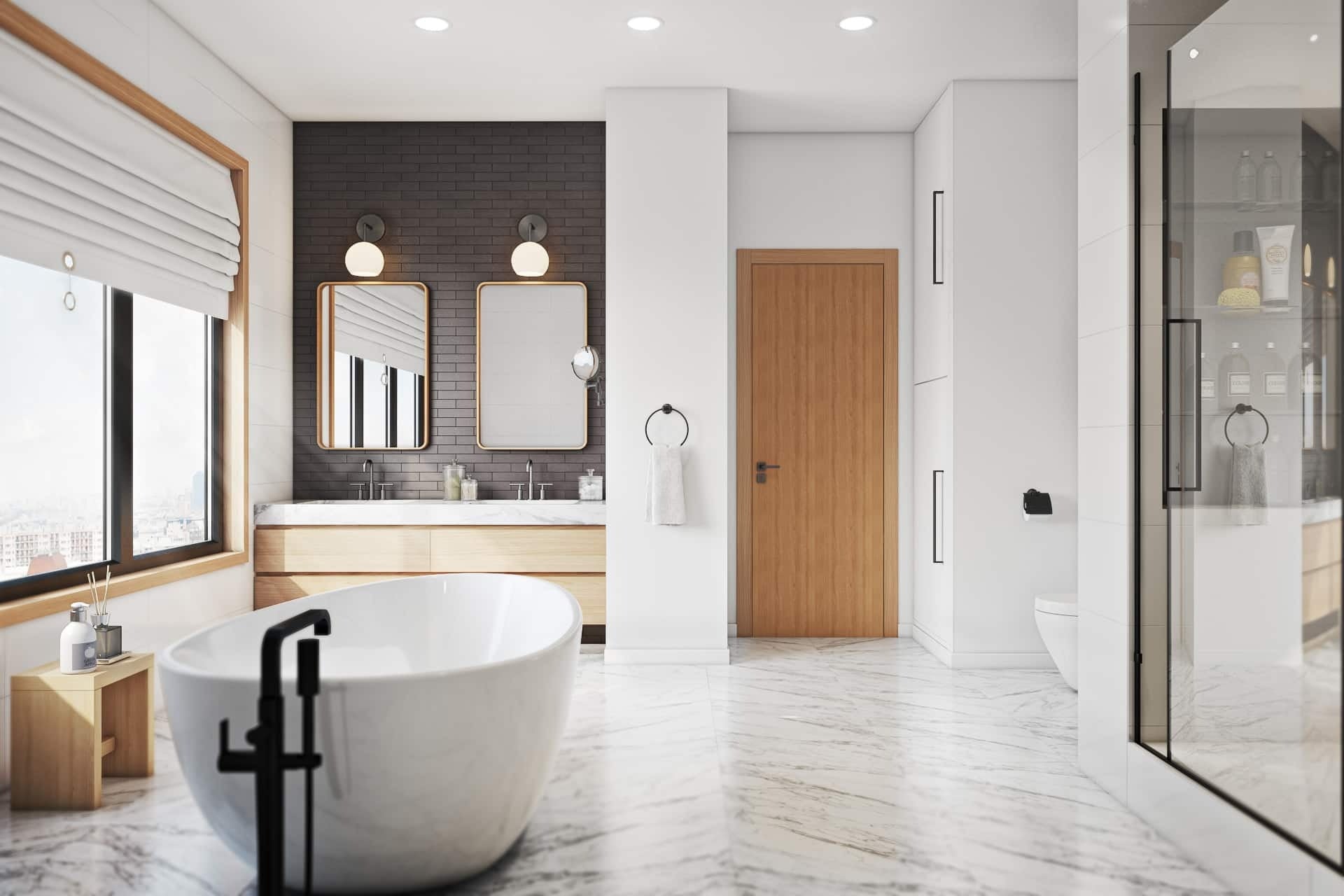 Modern bathroom design featuring a dual vanity with two Color Cord globe sconces above vanity