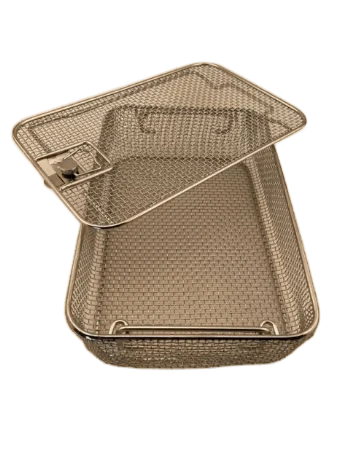 Wire Mesh Sterilization Tray, Double Frame Lid, 13'' L x 8.5'' W x 3'' H