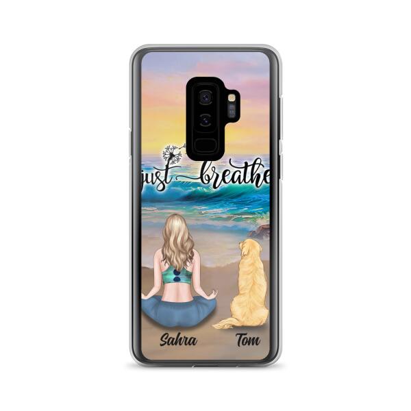 Custom Personalized Yoga Woman & Dog Phone Case - Upto 2 Dogs - Gifts For Yoga/ Dog Lovers - Just Breathe - Case For iPhone, Samsung And Xiaomi - 606HWH