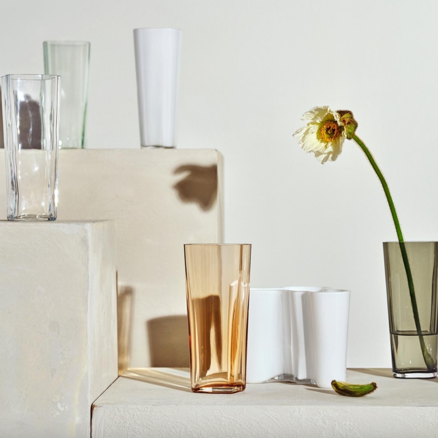 Iittala 2023 Collection of 7" Alvar Aalto Vases in Rio Brown, Clear, White and Smoky Grey