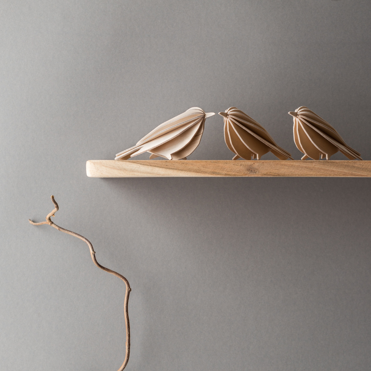 lovi birds natural wood on shelf inspiration