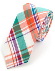 Men's Orange Green Plaid Cotton Slim Tie