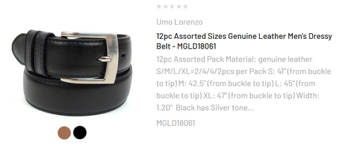 12pc Assorted Sizes Genuine Leather Men's Dressy Belt - MGLD18061