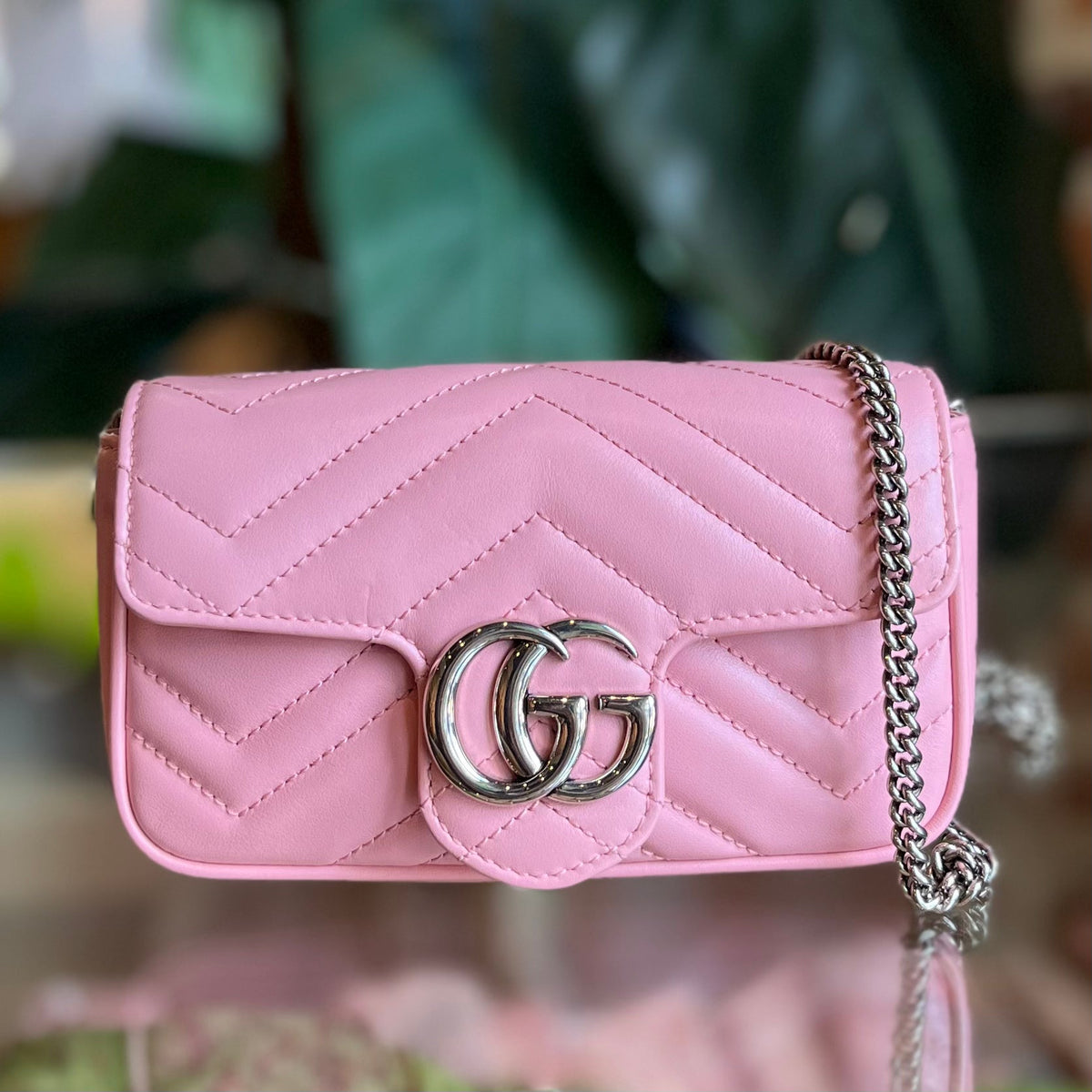 GUCCI Pink Matelassé Leather Super Mini GG Marmont Bag