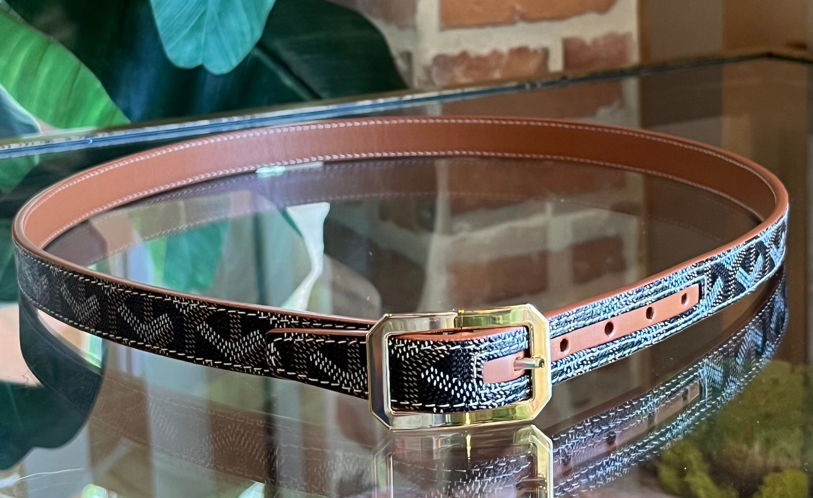 LOUIS VUITTON DAMIER EBENE BELT WITH SILVER BLOCK BUCKLE (80/32