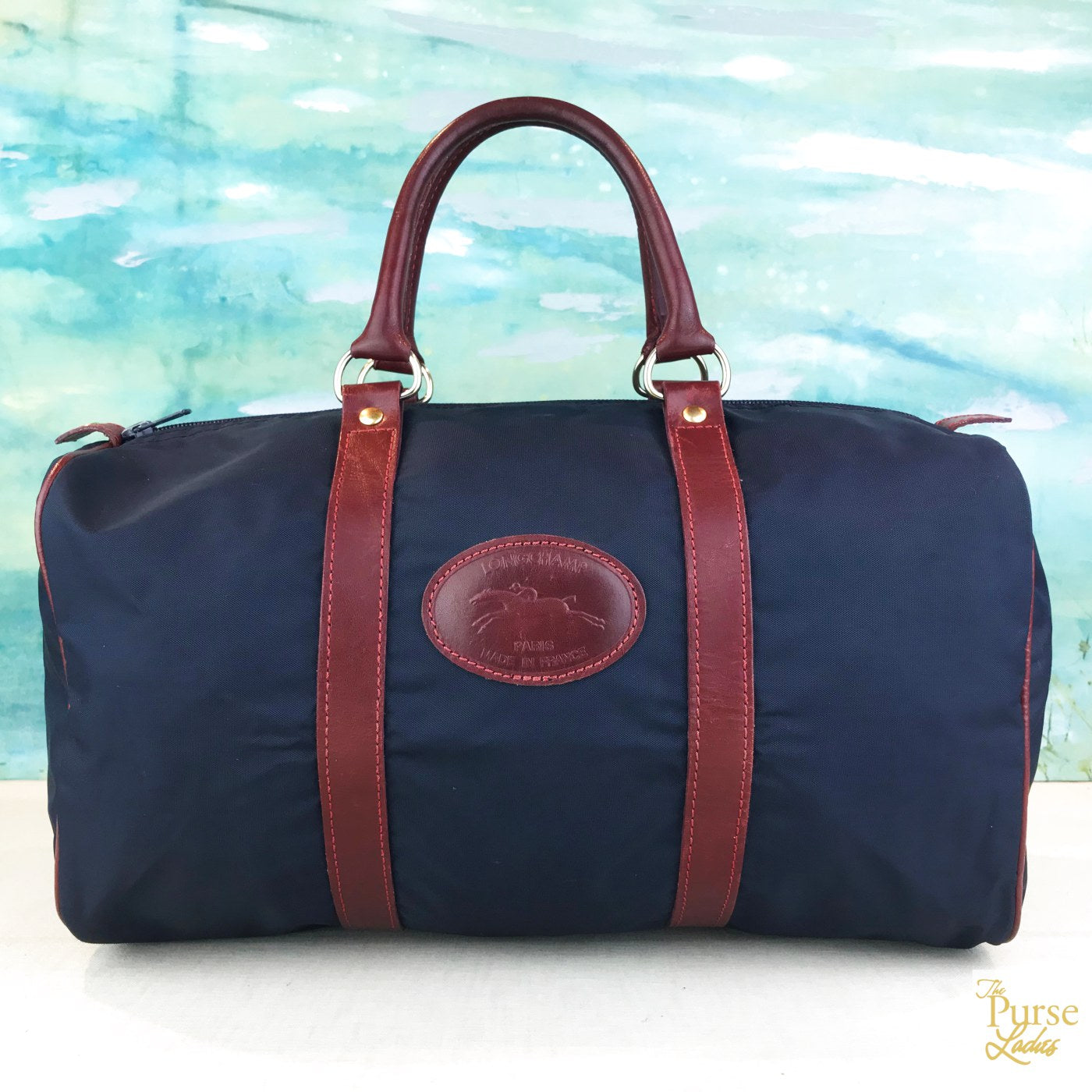 LONGCHAMP Navy Blue Nylon Maroon Leather Handbag Satchel Bag SALE! | eBay