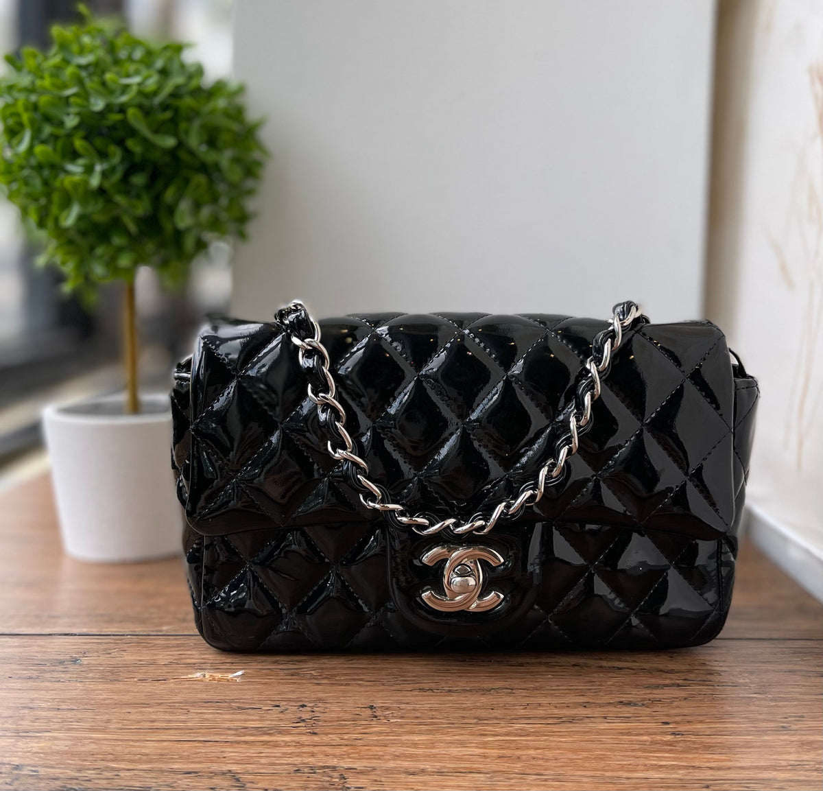 CHANEL Black Patent Leather Mini Rectangular Flap - The Purse Ladies