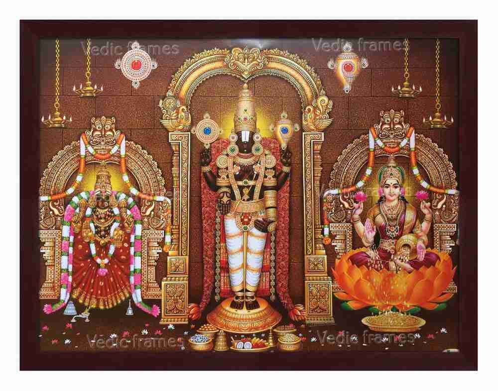 Lord Balaji With Padmavathi And Lakshmi On Sides With Sara Vilakku