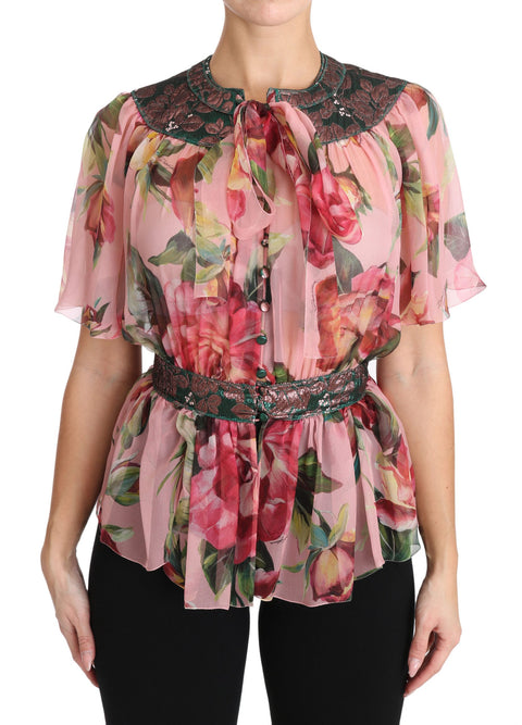 Floral Print Silk Shirt With Pussy Bow Rose