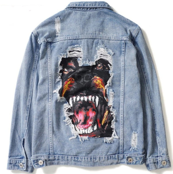 Denim jacket with a dog graphic design.