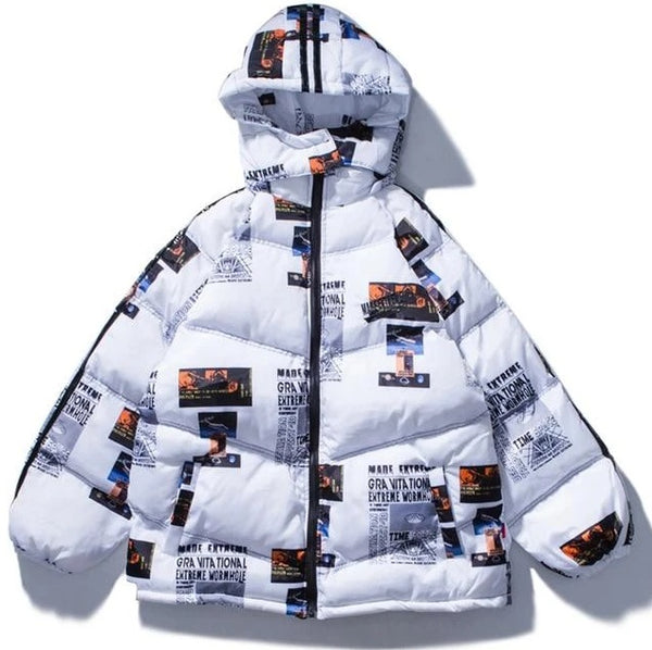 White puffer jacket with graphic design.