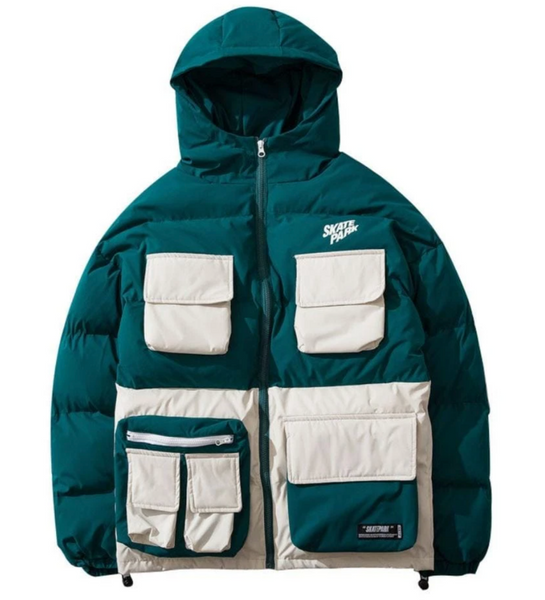 DAYHYPE stocked puffer jacket in green and beige.