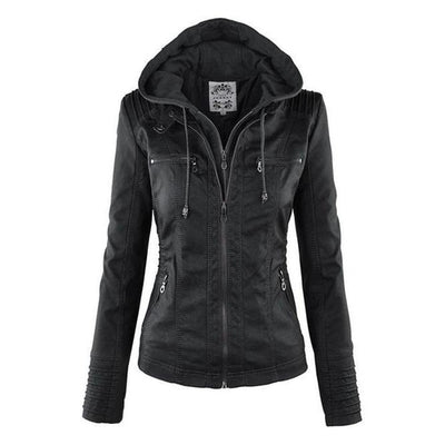 black faux leather hooded jacket