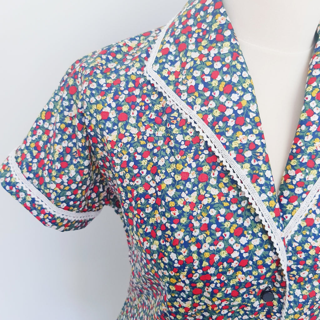 navy ditsy floral print womens blouse 1950s style retro shirt ethical sustainable fashion