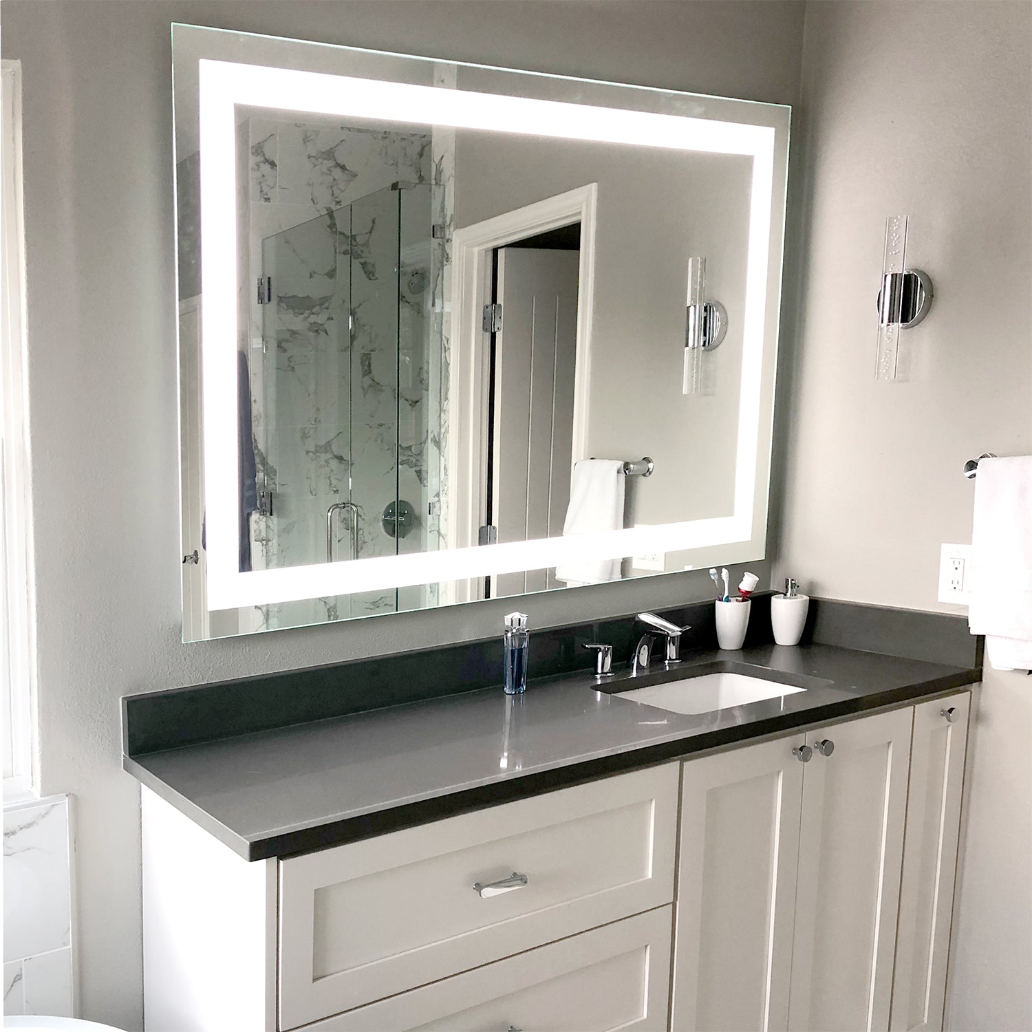 Front Lighted Led Bathroom Vanity Mirror 56 X 36 Rectangular Mirrors Marble