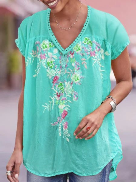 Casual Cotton-Blend Short Sleeve Floral T-shirts – roselinlin