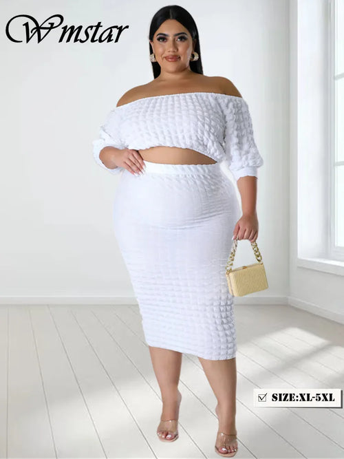 Plus Size Outfits for Women 4xl 5xl Fashion Round Collar Solid Color  Bandage Swing Two Piece Set Skirts Wholesale Dropshipping