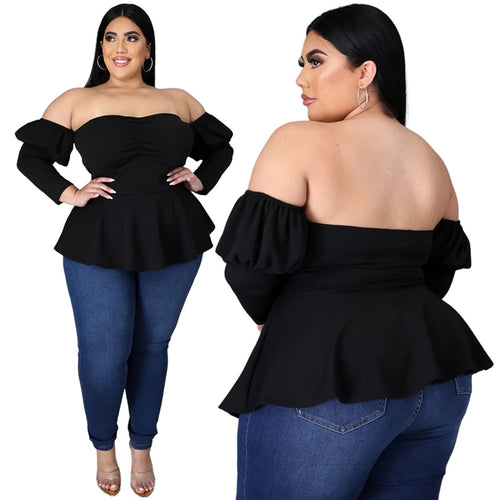 Plus Size Tops Sexy Slash Neck One Shoulder Puff Sleeve Long Blouses  Elegant Ladies Irregular Shirts Wholesale Dropshipping