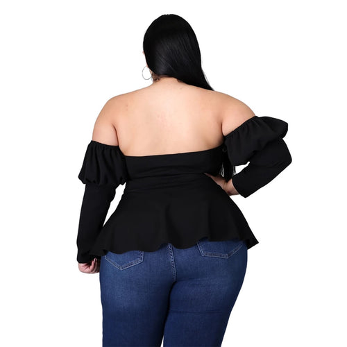 Plus Size Tops Sexy Slash Neck One Shoulder Puff Sleeve Long