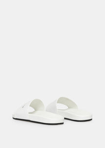 white leather slides