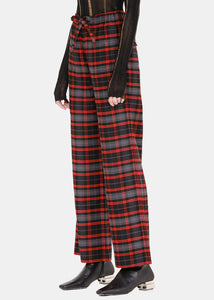 red and black check trousers