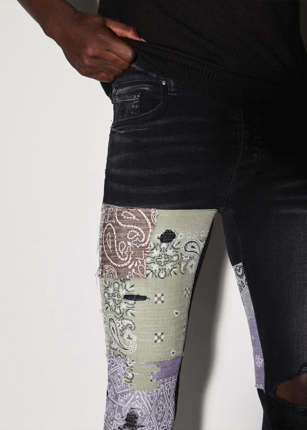 Aged Black Bandana Art Patch Jeans | LEISURE CENTER