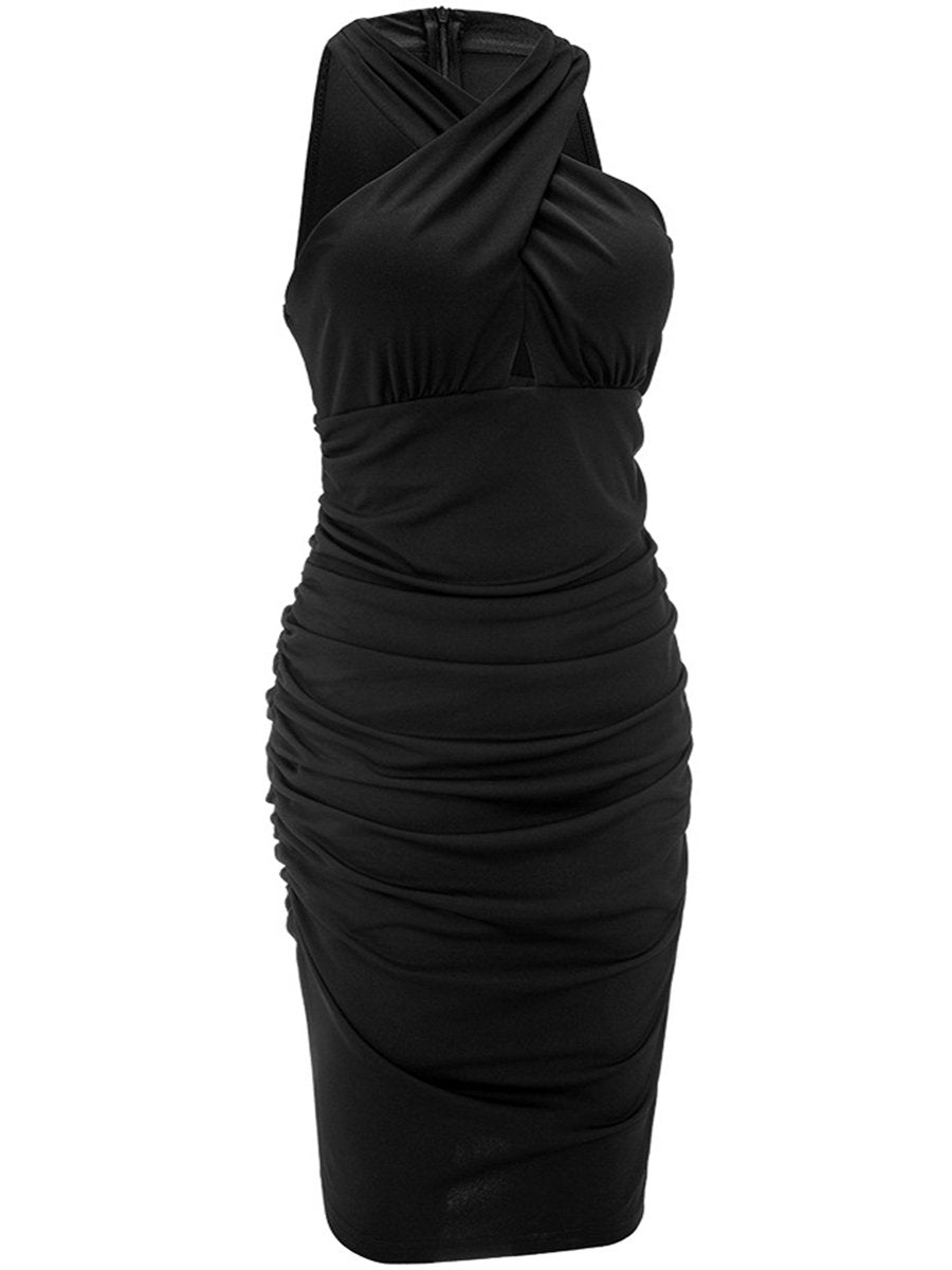 V-Neck Ruched Plain Keyhole Bodycon Dress – missiapick