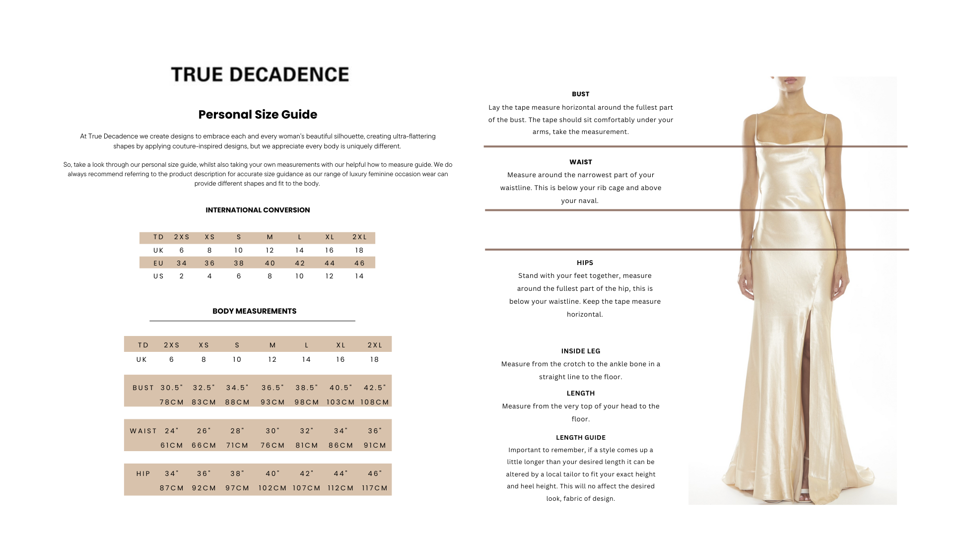 Truedecadence Women's Size Guide