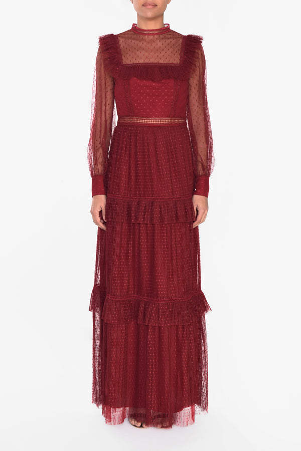 Sheer Ruffled Maxi Dress In Red  Maxi dress, Ruffled maxi dress, Lace top  gown