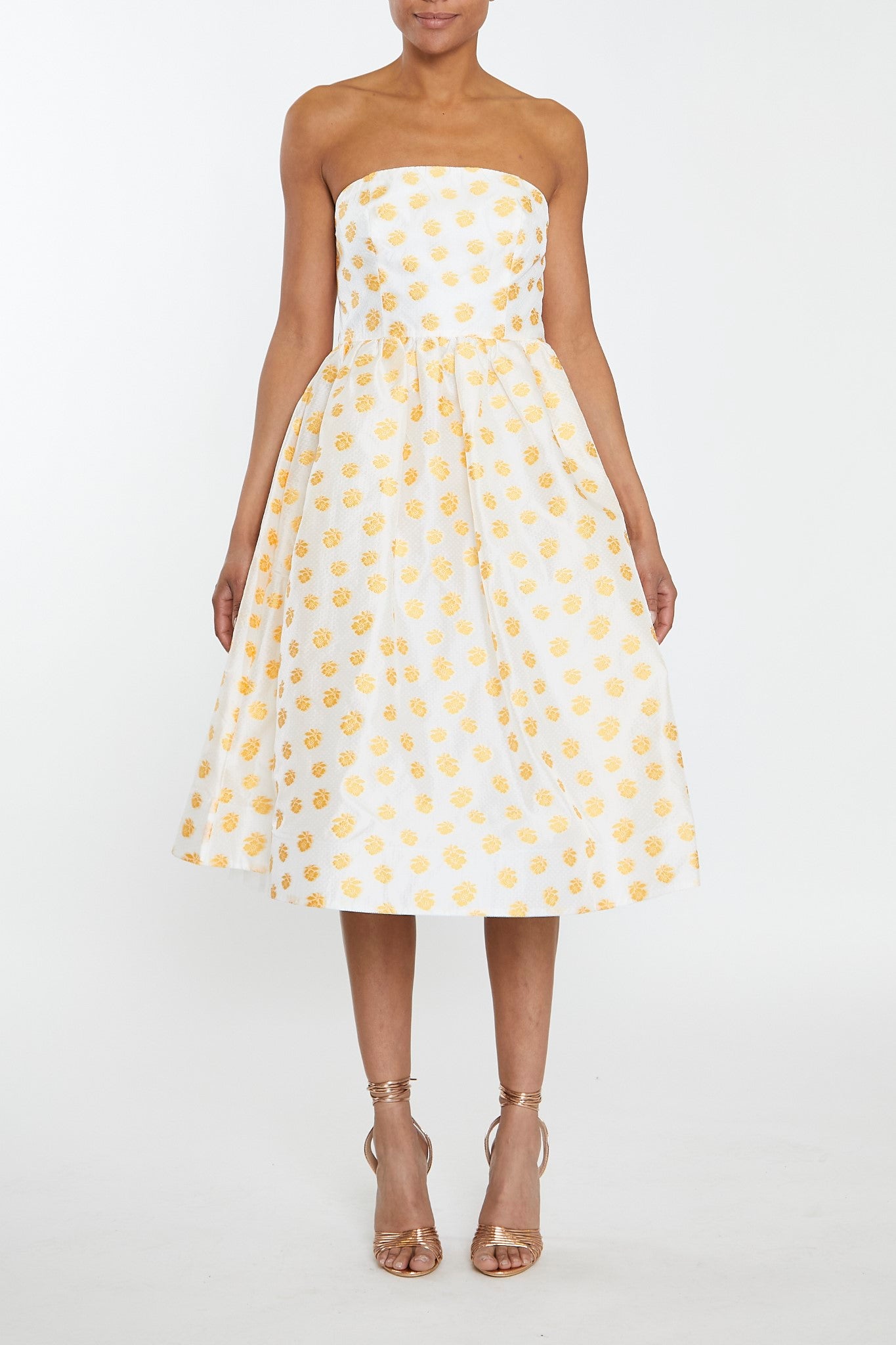 Sunny Cream Mustard Jacquard Tiered Plunge Front Midi Dress - True