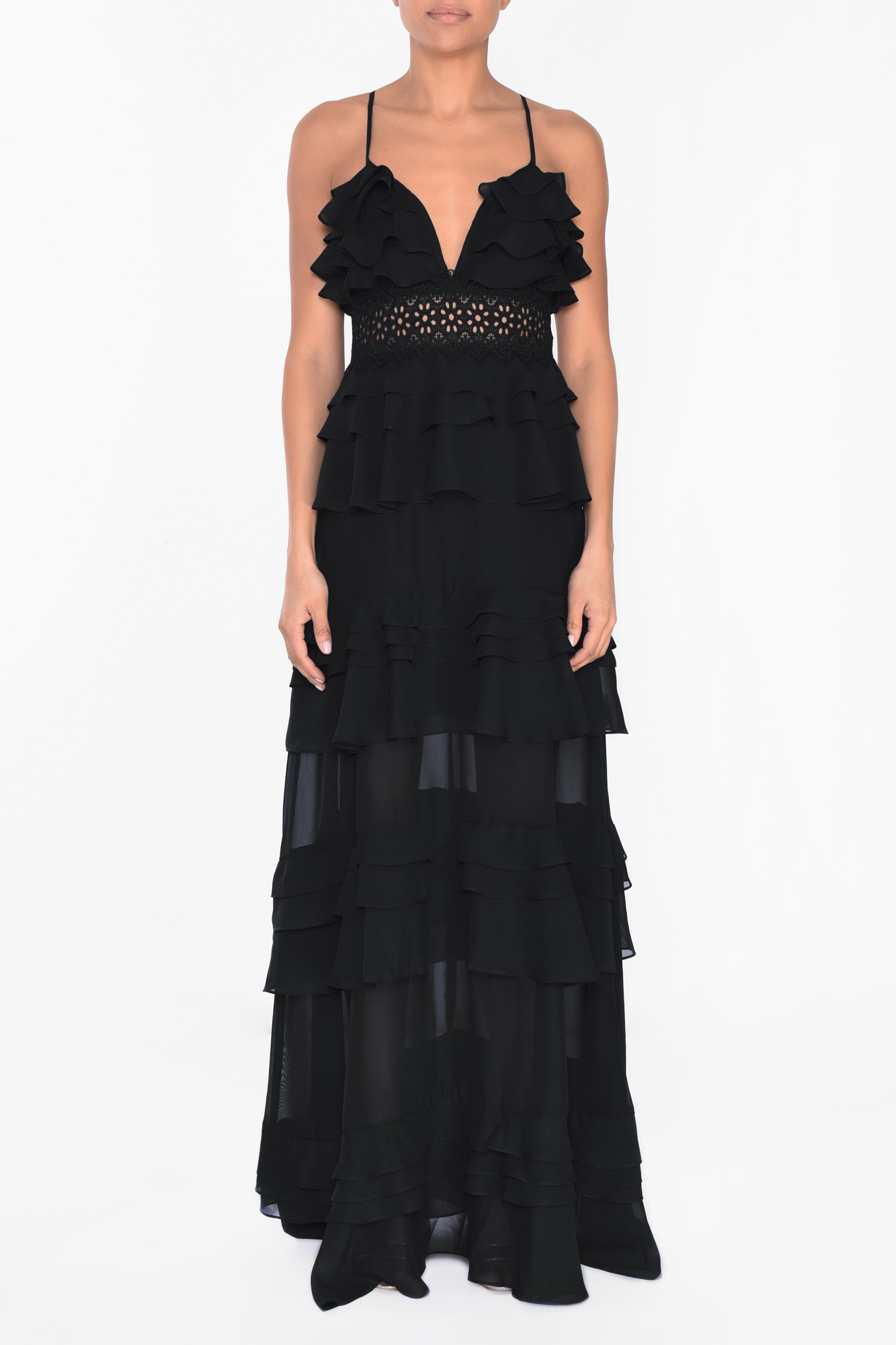 Sophia White Plunge Front Tiered Ruffle Maxi-Dress - True Decadence