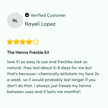 A screenshot of a customer review for Mihenna’s Henna Freckle Kit. The reviewer, Nayeli Lopez, says it’s easy to use, and the freckles look natural. She also says she freezes the henna between uses, lasting for months.