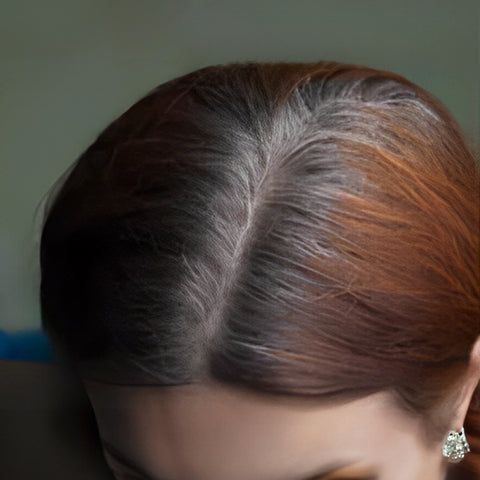 A Close-Up Shot of A Woman’s Head Revealing Hair Partially Stained With Henna Dye And Some Gray Hairs