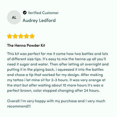 A positive customer review of a henna powder kit. The reviewer, Audrey Ledford, writes the kit is easy to use and comes with everything needed to create beautiful henna tattoos. They mention that the henna gave a perfect brown color after letting it sit overnight.