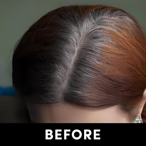 An image of a woman’s head showcasing the before and after results of henna hair dye application 