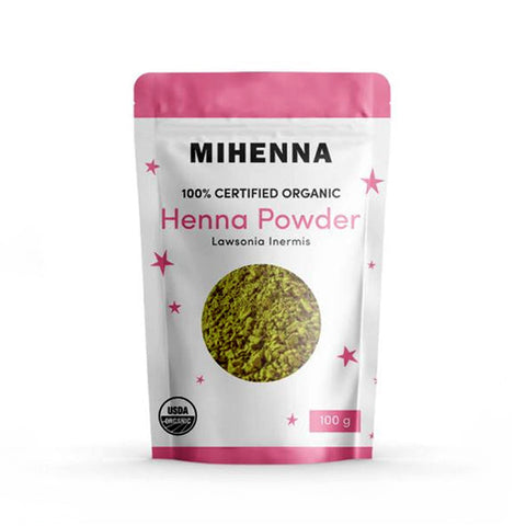 A pack of 100 grams of USDA-certified organic henna powder for hair dye