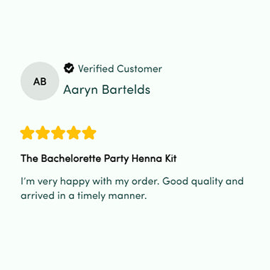 A screenshot of a positive customer review for Mihenna’s Bachelorette Party Henna Kit. The reviewer says they’re extremely happy with the order’s quality and timely delivery.