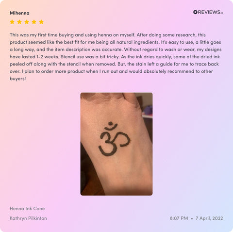 An image displaying a henna tattoo and a written testimonial on using henna cone from a customer.