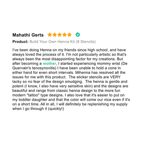 Screenshot of a Mihenna customer review sharing her experience with build your own henna kit.