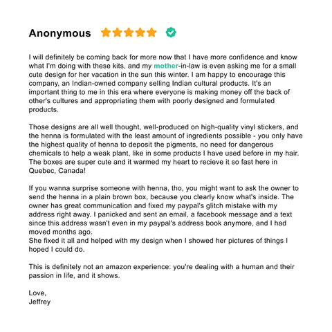 Screenshot of a positive Mihenna customer review sharing her experience anonymously.