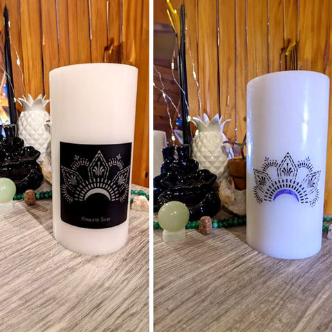 Before and after collage of decorating a candle with henna stencil and paint
