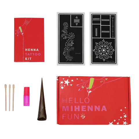 A pack of Mihenna tattoo kit containing a henna cone, coconut oil, spatulas, and stencils.
