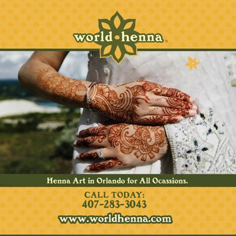 An image displaying world henna company art with contact details and website address.