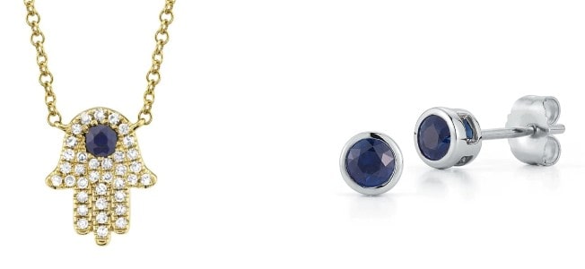 A Hamsa pendant from Shy Creation and sapphire stud earrings from Beny Sofer.