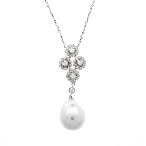  Estate Jewelry Floral Diamond and Pearl Pendant