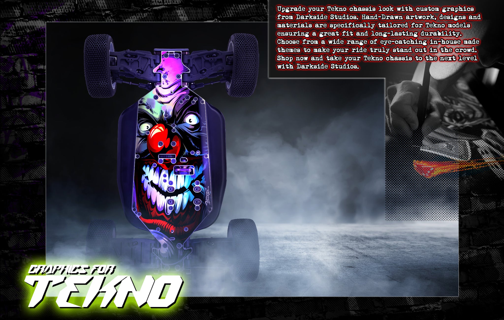 Upgrade your Tekno RC look with custom graphics from Darkside Studios. Our top-quality designs and materials are specifically tailored for Tekno RC models